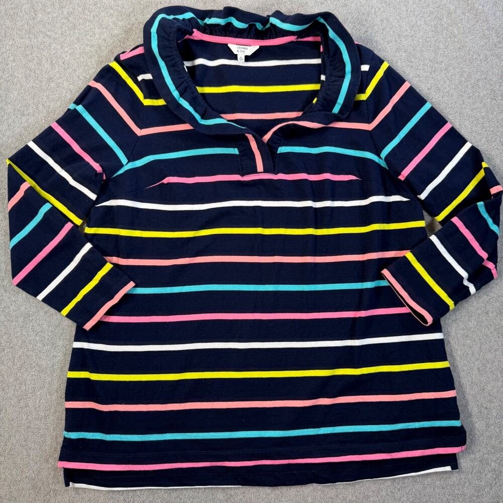 Crown & Ivy Women's XL Striped Ruffle Collar Knit Top Blue 3/4 Sleeve